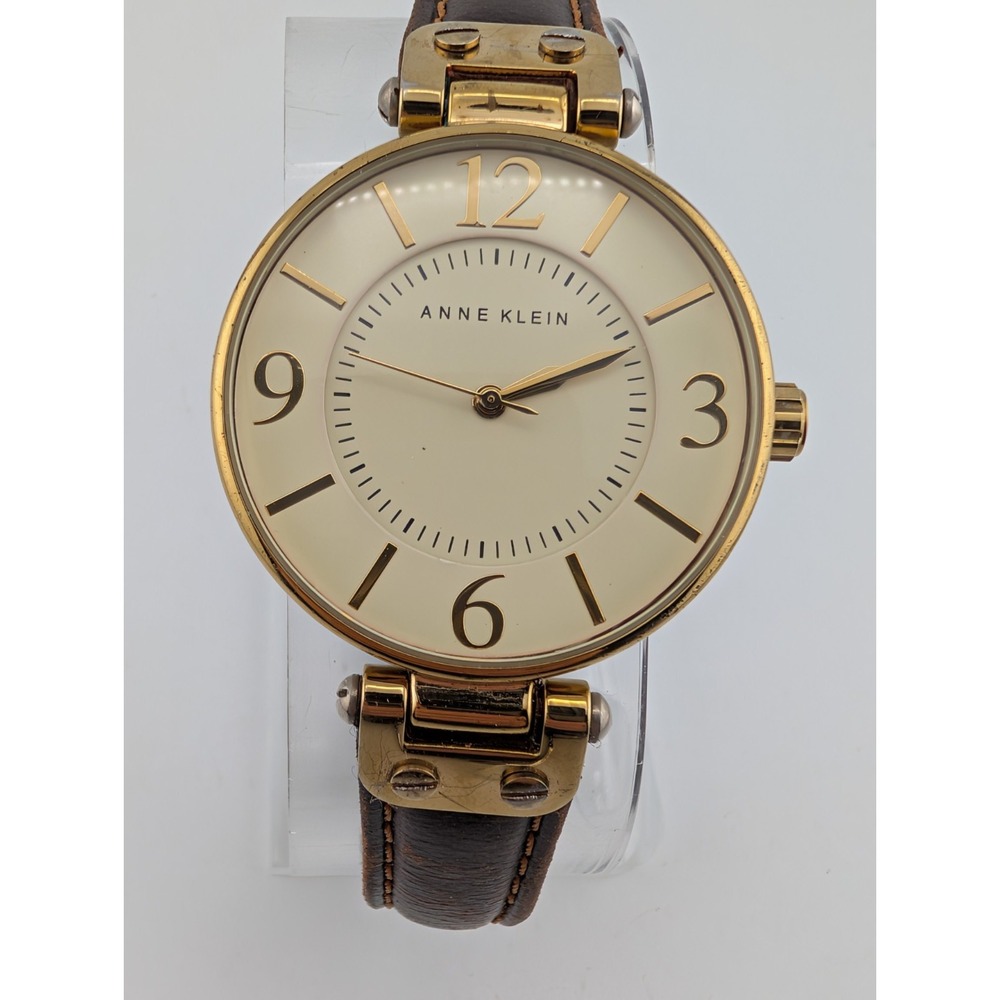 Anne Klein Women's Watch Gold 34mm Case Brown Leather Band 10/9168- New Battery